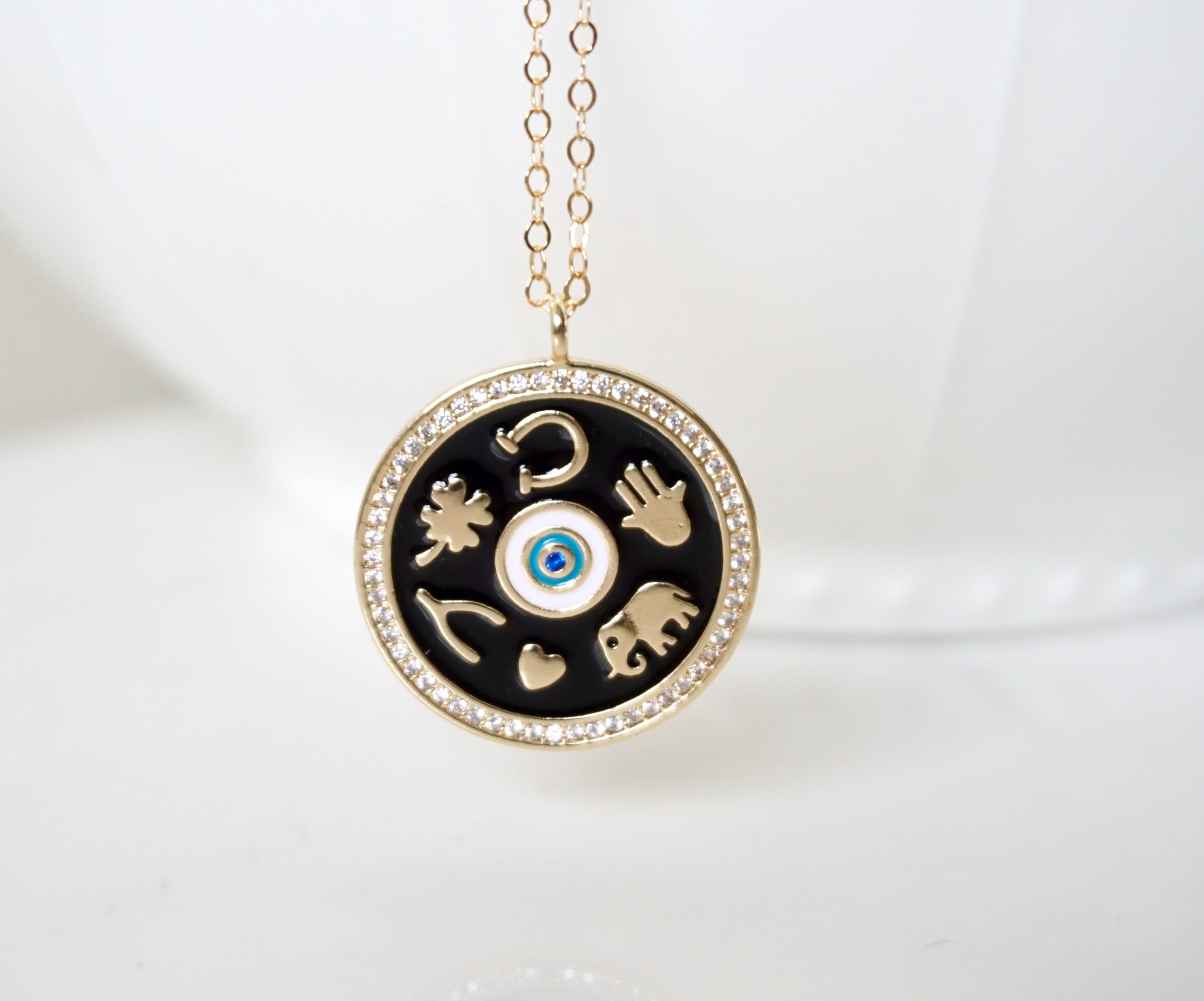 Evil Eye Good Luck Elephant Medallion, Ohm Necklace, Hamsa, Heart