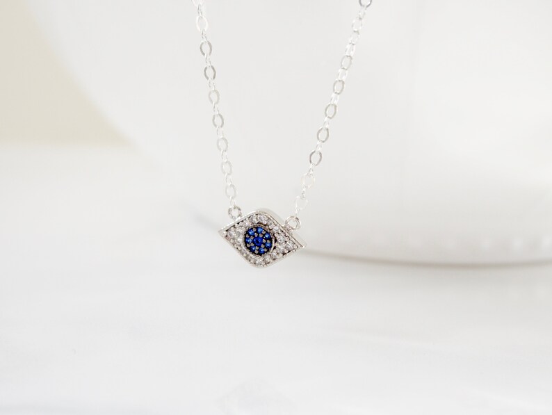 Spiritual Jewelry Silver CZ Evil Eye Necklace Dainty Jewelry Evil Eye Necklace Blue Evil Eye Necklace Everyday Jewelry Om Necklace