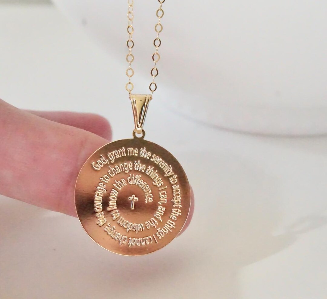 Serenity Prayer Gold Medallion Script Pendant Necklace, Serenity