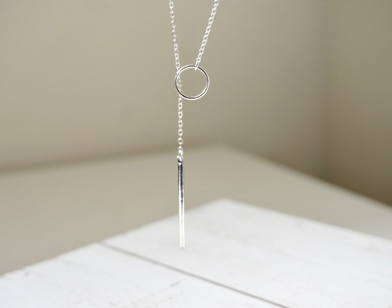 Sterling Silver Drop Bar Lariat, Lariat Necklace, Ring and Bar Lariat, Bar Necklace, Y Necklace, Bohemian Jewelry, Long Necklace, Gold Bar image 1