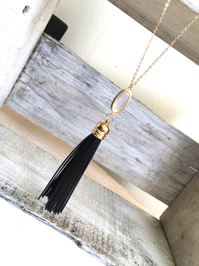Black Leather Tassel Necklace Long Black Leather Tassel Necklace Bohemian Long Tassel Crystal Necklace Long and Layered Necklace
