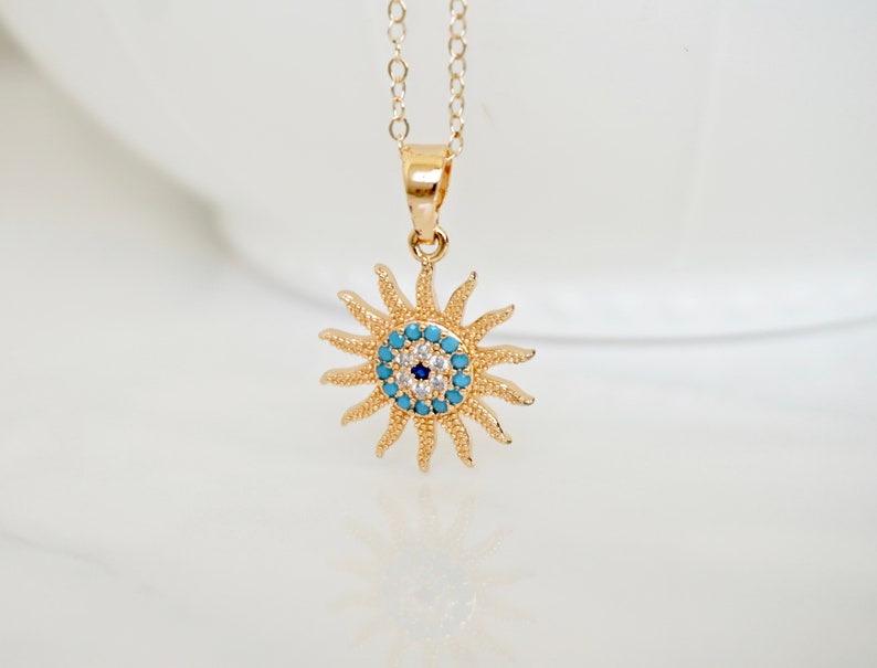Gold Sun Pendant Necklace Sun Charm Necklace Gold Evil Eye Necklace CZ Sun Charm Sol Necklace Turquoise Necklace You are my sunshine