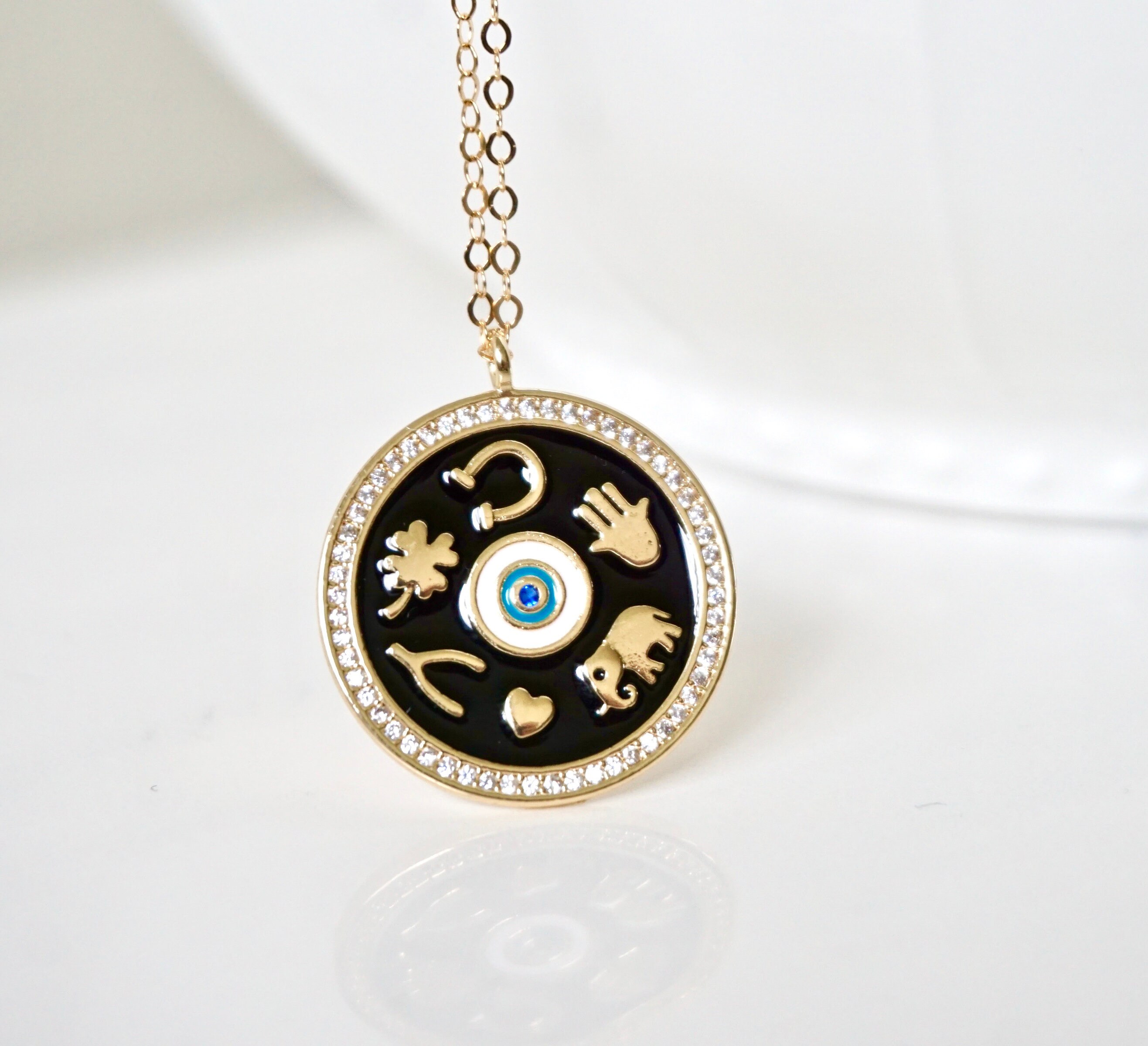 Evil Eye Good Luck Elephant Medallion, Ohm Necklace, Hamsa, Heart
