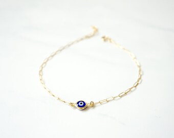 Blue Evil Eye Gold Filled Paper Clip Chain Bracelet, Evil Eye Protection, Red Evil Eye, Blue Evil Eye, Gold Paper Clip Evil Eye Bracelet