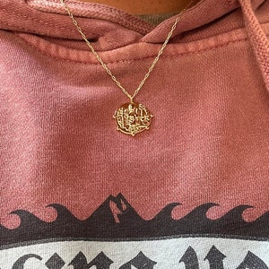 May include: A gold chain necklace with a round pendant featuring an intricate design. The pendant is worn on a pink hoodie with a black and white wave design.