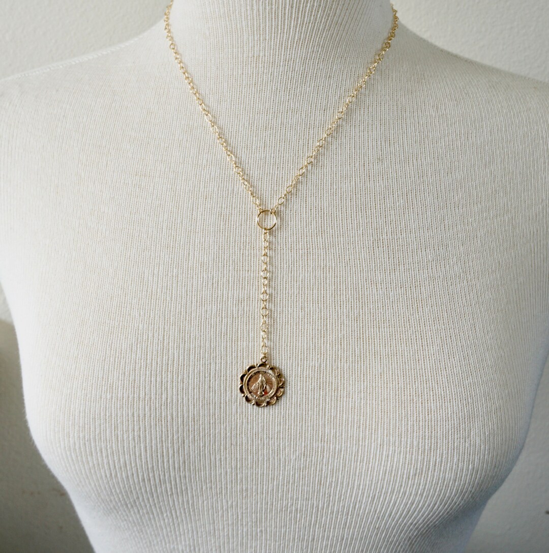 Gold Filled Mary Medallion Lariat Necklace Gold Filled Y - Etsy