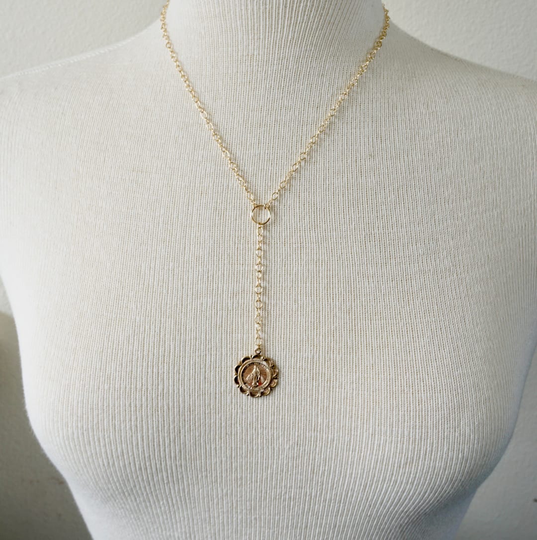 Gold Filled Mary Medallion Lariat Necklace Gold Filled Y - Etsy