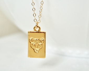 Rectangle Tiger Face Charm Necklace, Sterling Silver Lion Face Square Charm Necklace, Lion, Jaguar, Panther, Cat, Bobcat, Layering Necklace