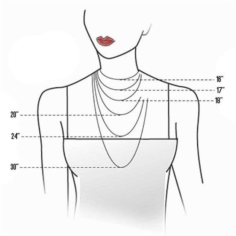 May include: A diagram showing different necklace lengths on a model. The lengths are 16 inches, 17 inches, 18 inches, 20 inches, 24 inches, and 30 inches.