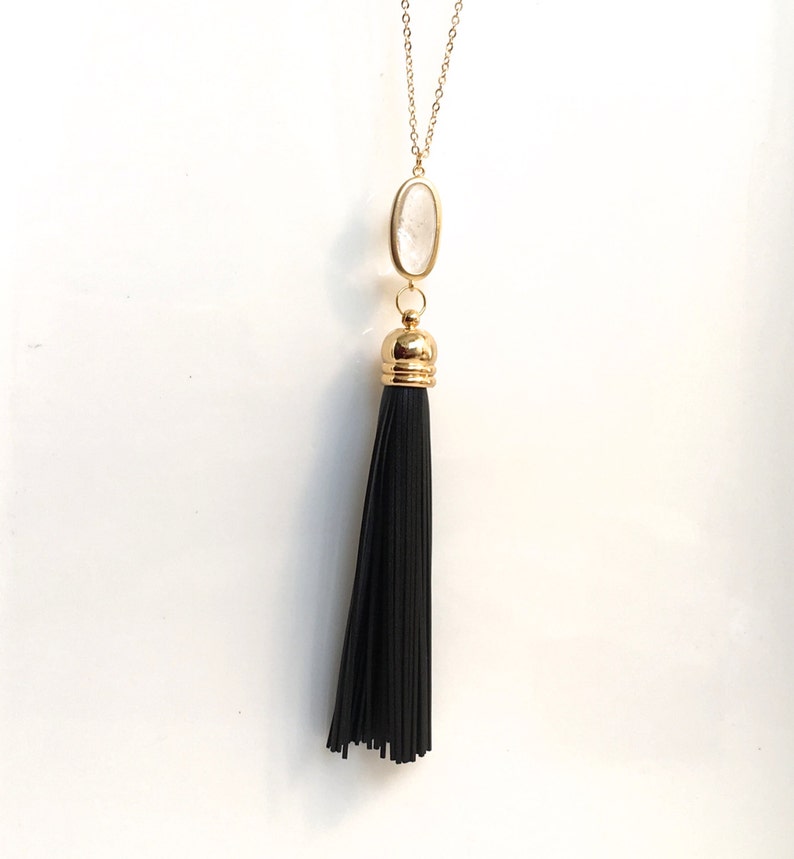 Black Leather Tassel Necklace Long Black Leather Tassel Necklace Bohemian Long Tassel Crystal Necklace Long and Layered Necklace