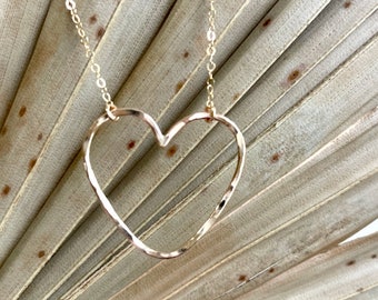 Gold Filled Hamered Heart Necklace, Sterling Silver Heart Choker, Gold Filled Open Heart,  Rose Gold Filled Heart Necklace, Large Heart