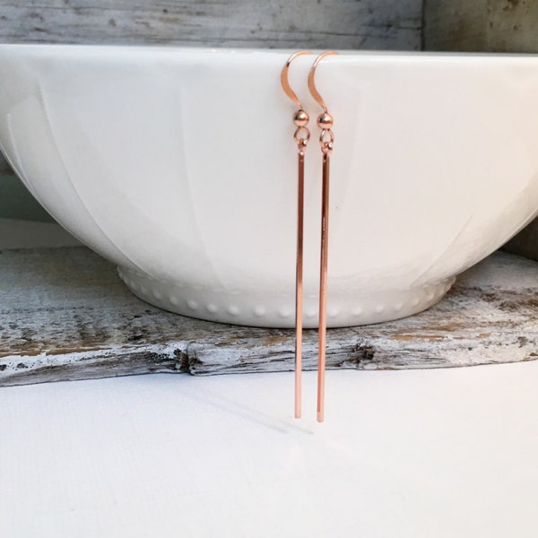 Long Rose Gold Skinny Bar Earrings, Rose Gold Needle Dangle Earrings, Long Spike Earrings, Modern Celebrity Earrings, Wedding Jewelry