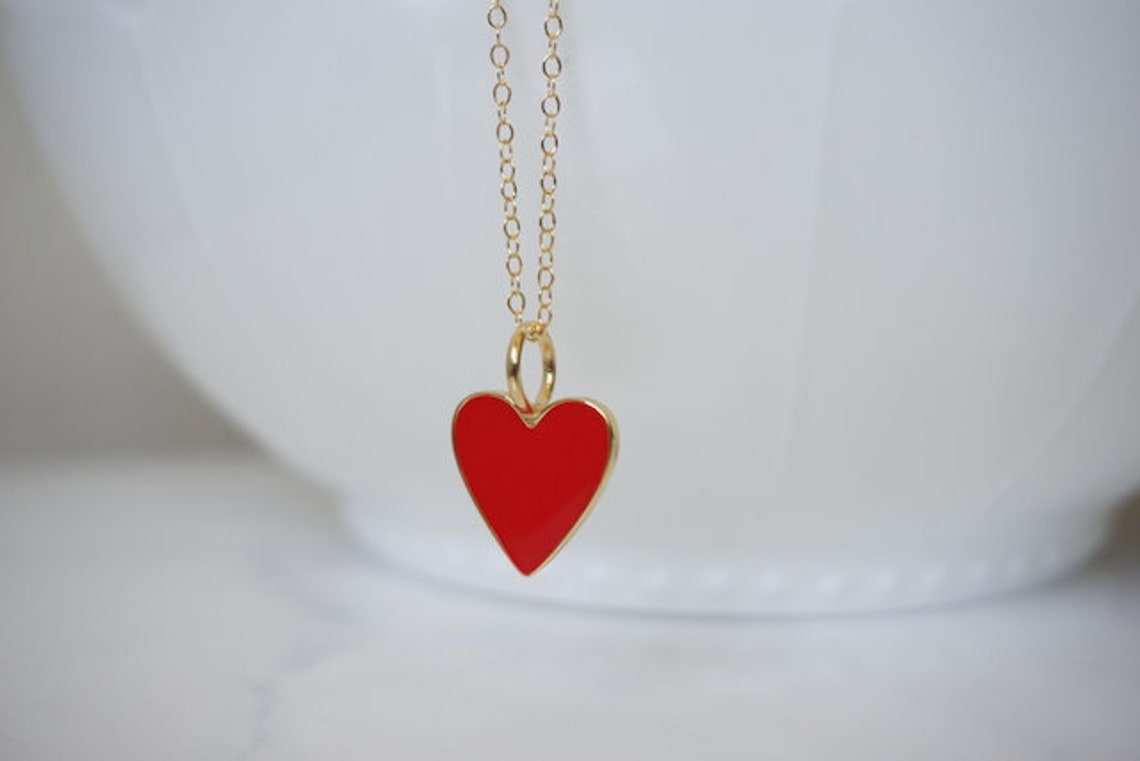 Gold Heart Necklace Red Enamel Heart Necklace I Love You Etsy