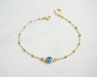 Gold Filled Beaded Turquoise Evil Eye Bracelet, Evil Eye Protection,  Red Evil Eye, Stacking Bracelet, Paper Clip Chain Evil Eye Bracelet