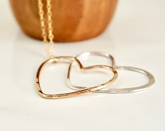 Gold Filled Open Heart Necklace, Sterling Silver Heart Choker, Hammered Heart Necklace, Rose Gold Filled Heart Necklace, Layering Necklace