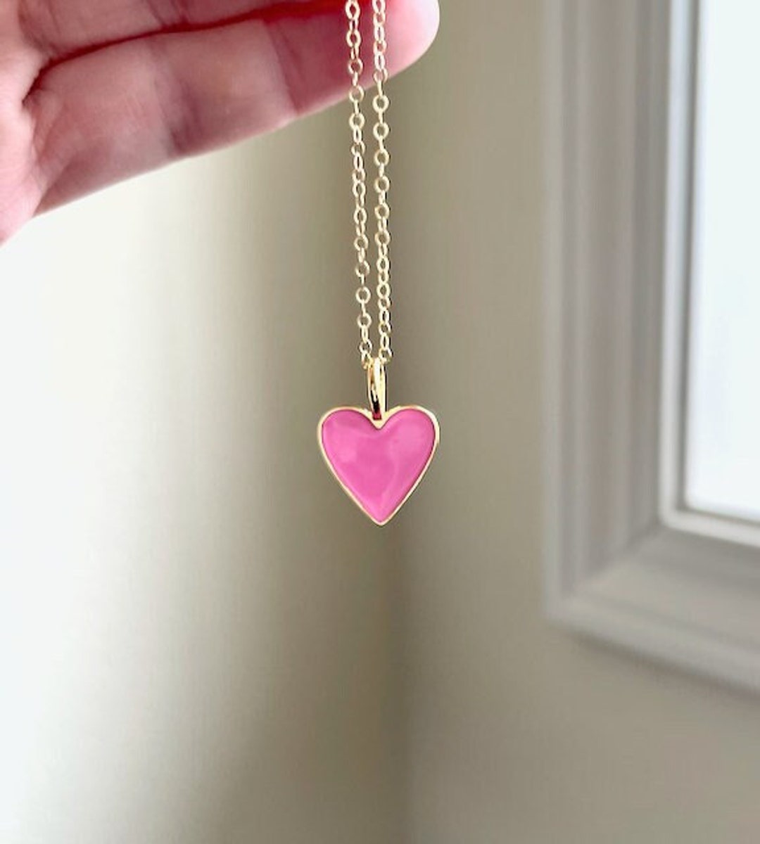 Pink Heart Necklace Pink Enamel Heart Necklace I Love You