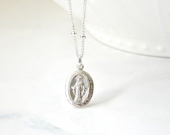 Sterling Silver Virgin Mary Medal Beaded Chain Necklace, Gold Filled, Rose Gold Filled Virgin Mary Medallion, Religious, Miraculous Medal