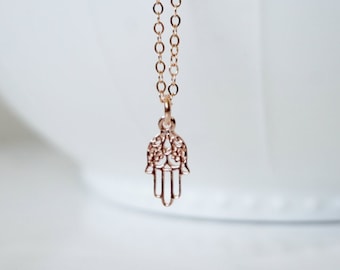 Rose Gold Hamsa Necklace, Detailed Gold Hamsa Necklace, Fatima Necklace, Boho, Hand,  Protection, Layering Necklace, Evil Eye, Gift for Her