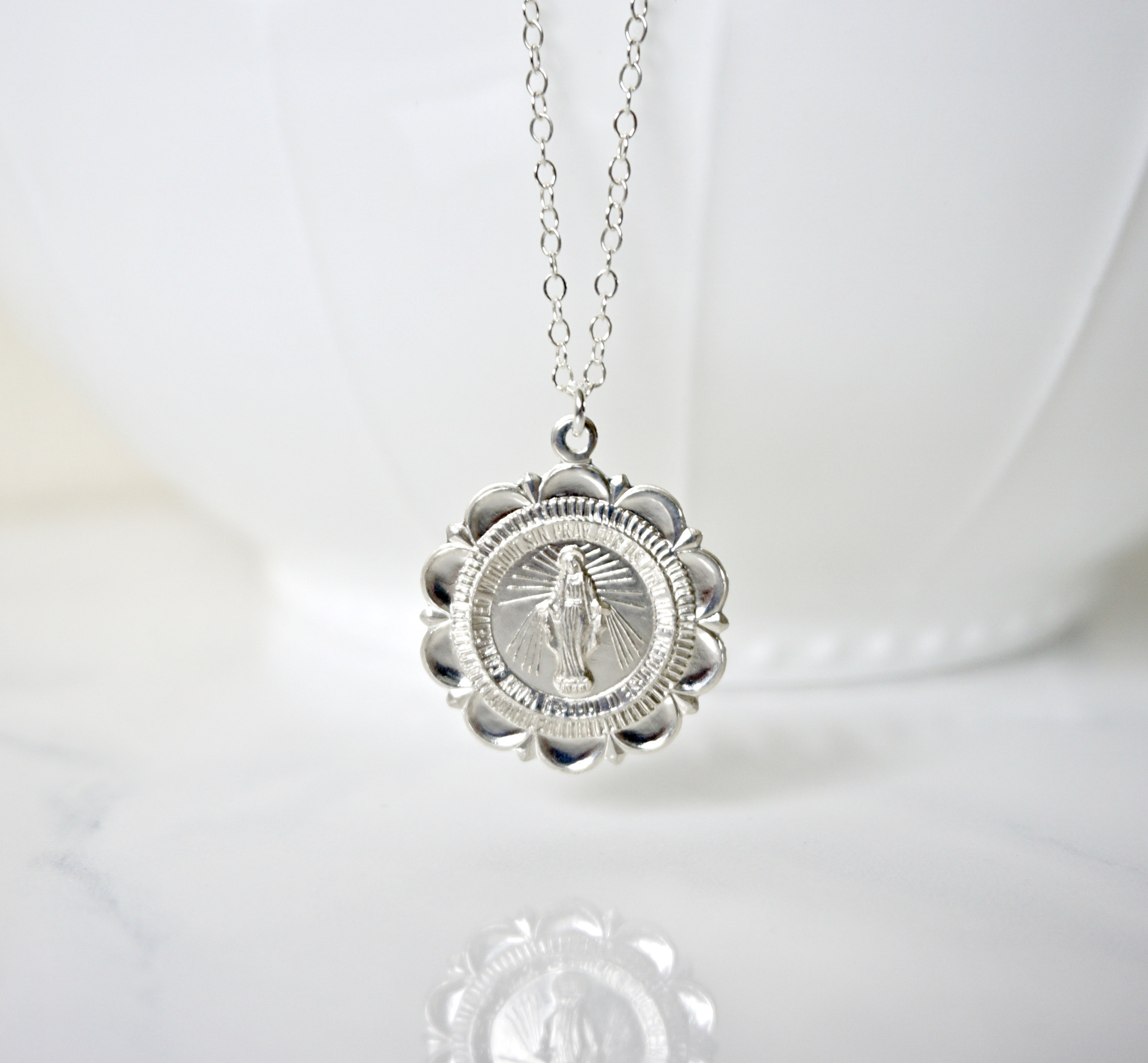 Miraculous Medal Scalloped Round Pendant - Available In 10K/14K Yellow/White Gold Or Sterling Silver, 17mm-24mm Sizes - View #7