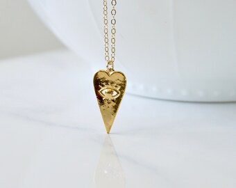 Gold Evil Eye Heart Pendant Necklace, Silver Evil Eye Heart Charm Necklace, Beaded Chain Necklace, Protection Necklace, Bohemian Jewelry