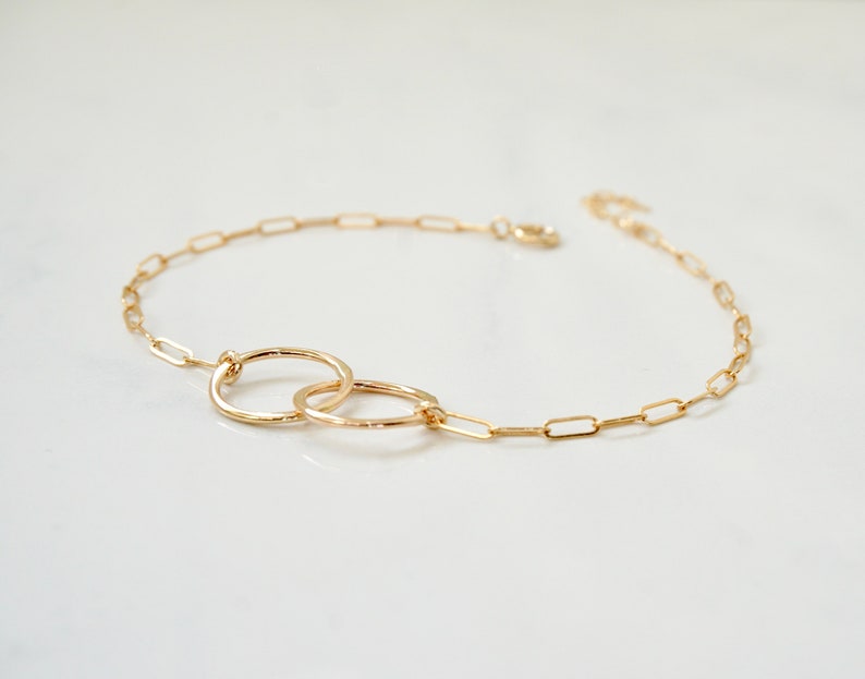 Double Circle Bracelet with paper clip drawn chain, Unity Bracelet, Friendship, Mother's Day, Gold Filled Double circle Bracelet, Gift idea image 4