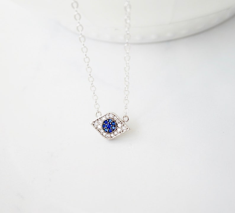 Spiritual Jewelry Silver CZ Evil Eye Necklace Dainty Jewelry Evil Eye Necklace Blue Evil Eye Necklace Everyday Jewelry Om Necklace