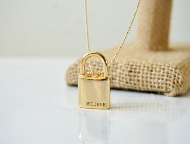 Gold Padlock Necklace With Ball Beaded Chain, Believe Gold Pad