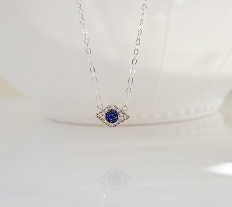 Spiritual Jewelry Silver CZ Evil Eye Necklace Dainty Jewelry Evil Eye Necklace Blue Evil Eye Necklace Everyday Jewelry Om Necklace