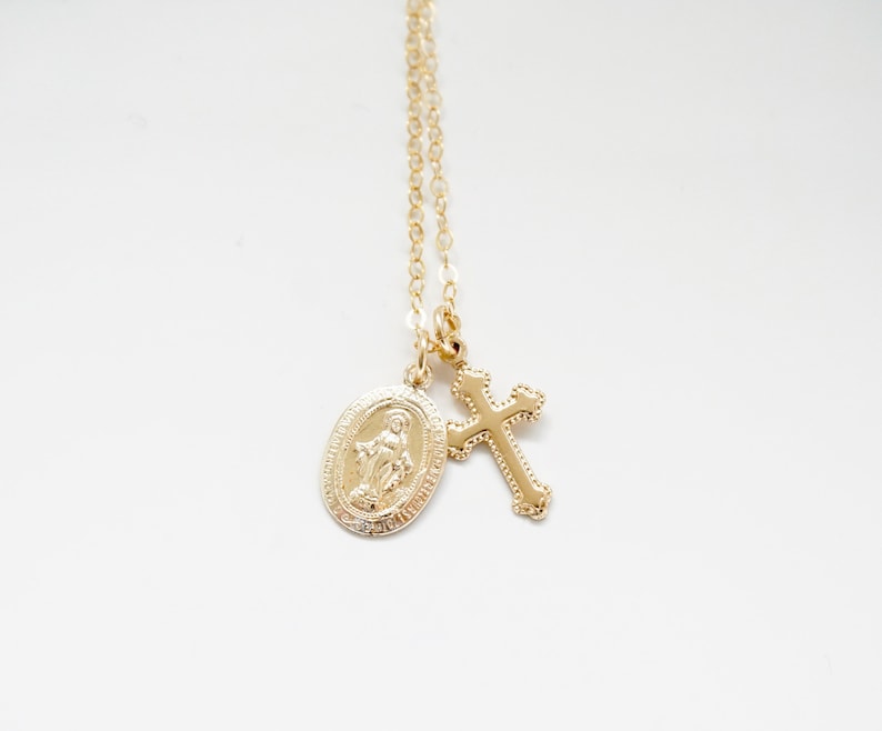 Gold Virgin Mary and Tiny Cross Necklace Cross Necklace Etsy