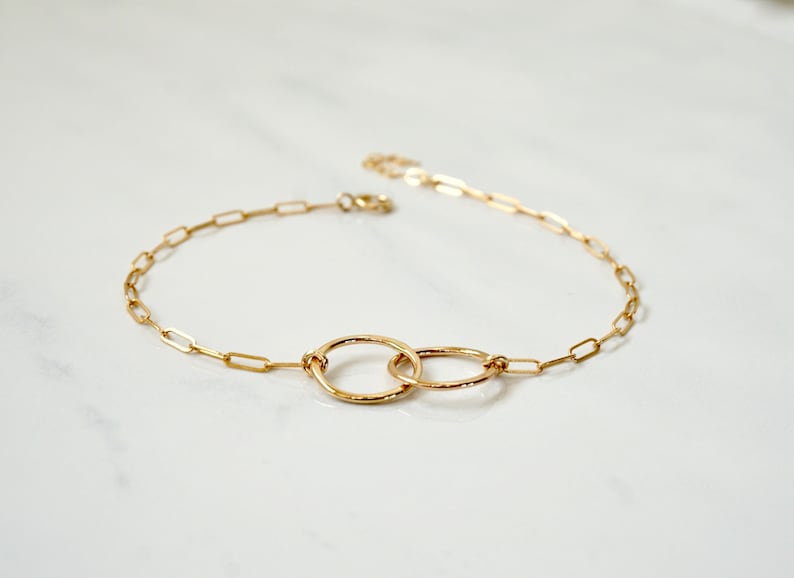 Double Circle Bracelet with paper clip drawn chain, Unity Bracelet, Friendship, Mother's Day, Gold Filled Double circle Bracelet, Gift idea image 2