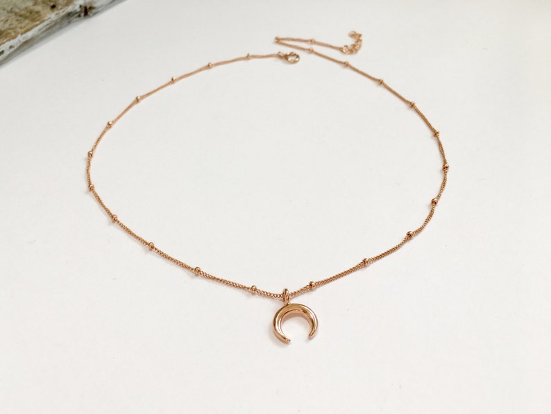 Gift for her under 30 Beaded Chain Choker Rose Gold Beaded Chain Choker Gold Beaded Choker Sterling Silver Moon Double Horn Choker