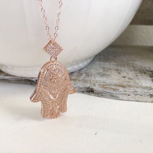 Rose Gold Hamsa Pendant Necklace Large 