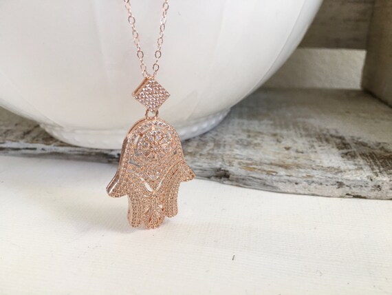 Rose Gold Hamsa Pendant Necklace Large 