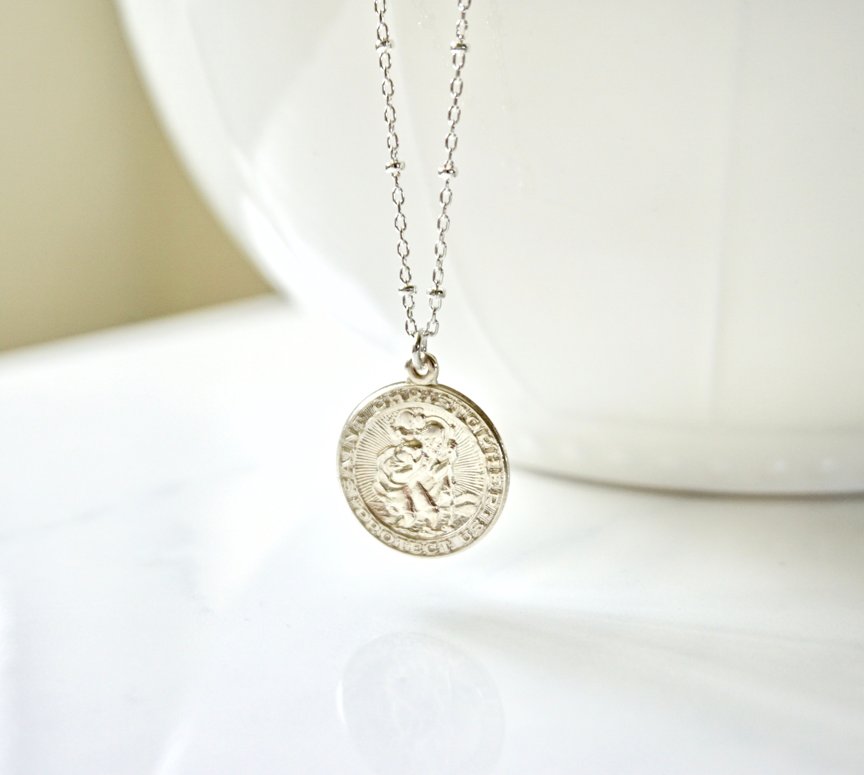 Saint Christopher Necklace With Sterling Silver Beaded Satellite