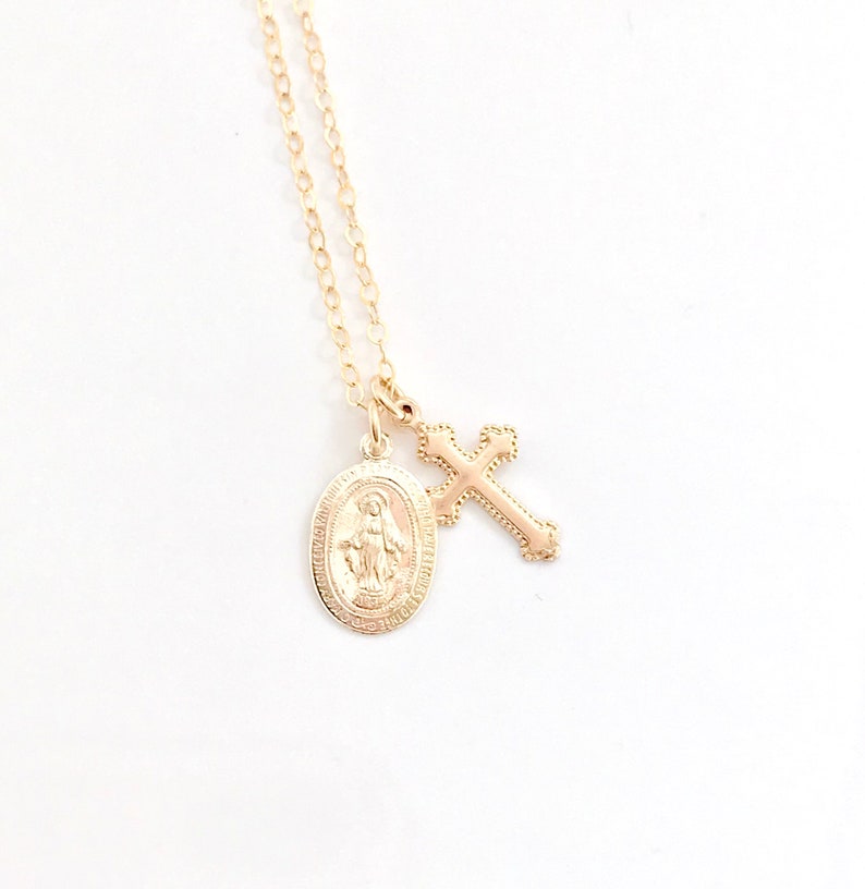 Gold Virgin Mary and Tiny Cross Necklace Cross Necklace Etsy