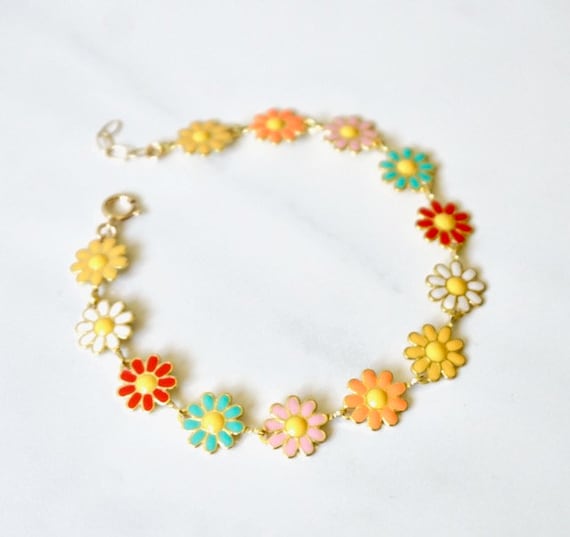 Multicolour Daisy Enamel Flower Bracelet Yellow White Sun