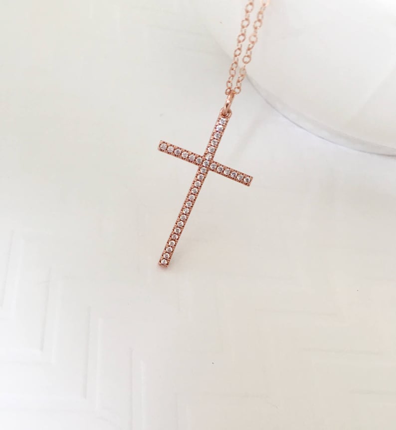 Wedding Jewelry Gold CZ Long Cross Necklace Silver CZ Cross Necklace Large Cross Necklace Rose Gold CZ Cross Necklace