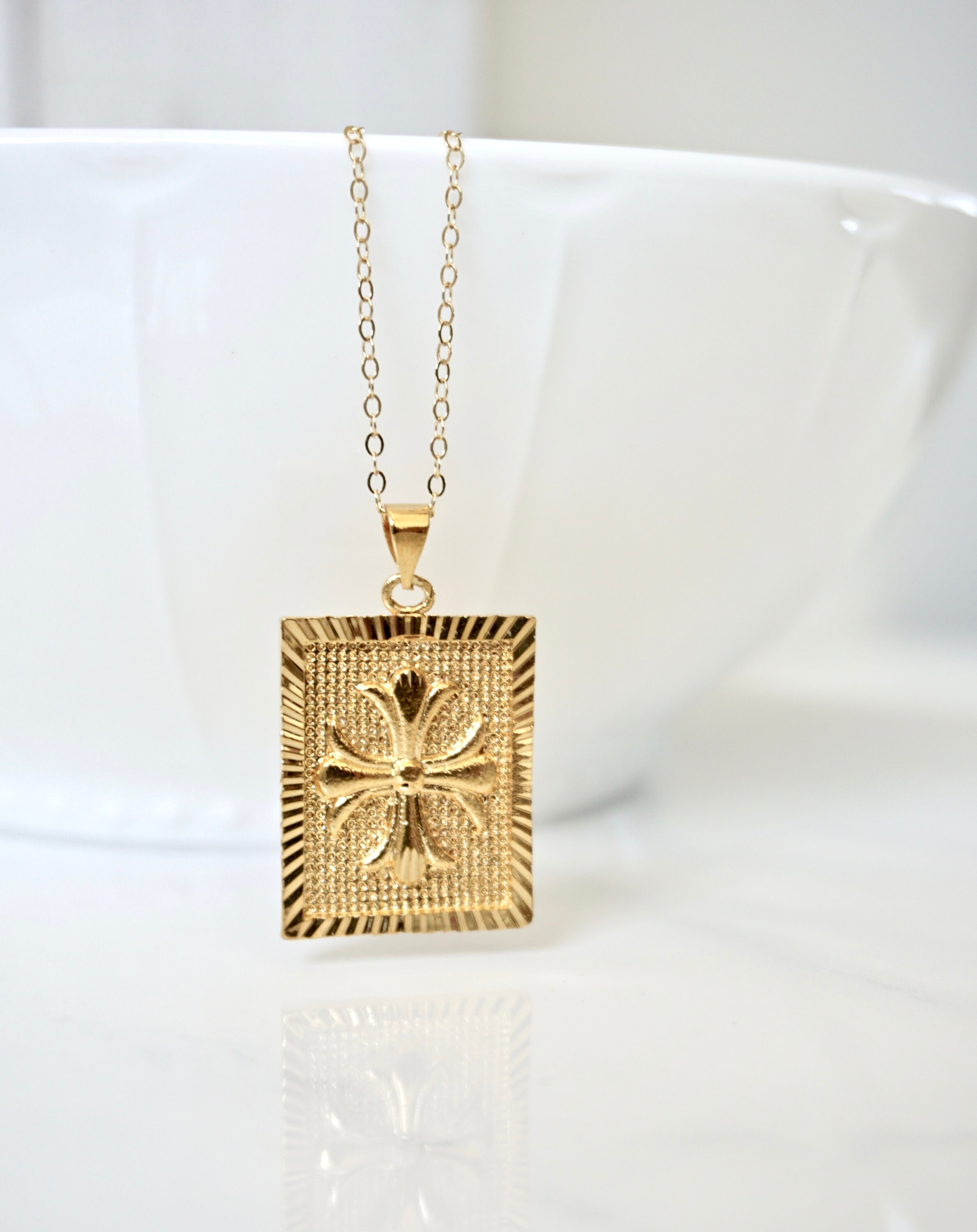 Gold Cross Necklace, Square Medallion Cross Charm Necklace Gold Cross Necklace, Square Medallion Cross Charm Necklace