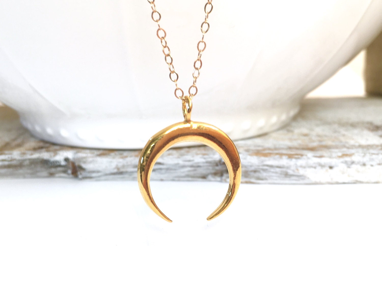 Gold Crescent Moon Pendant Necklace Rose Double Horn Gold Crescent Moon Pendant Necklace Rose Double Horn Sterling Silver