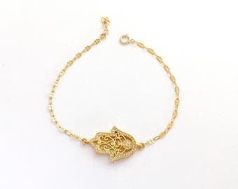 Gold CZ Hamsa Bracelet with Lacy Chain, Silver CZ Filigree Hamsa Bracelet, Rose Gold Pave Hamsa Bracelet, Wedding Jewelry