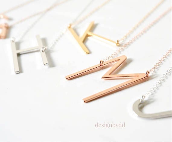 Sideways initial necklace rose gold clearance