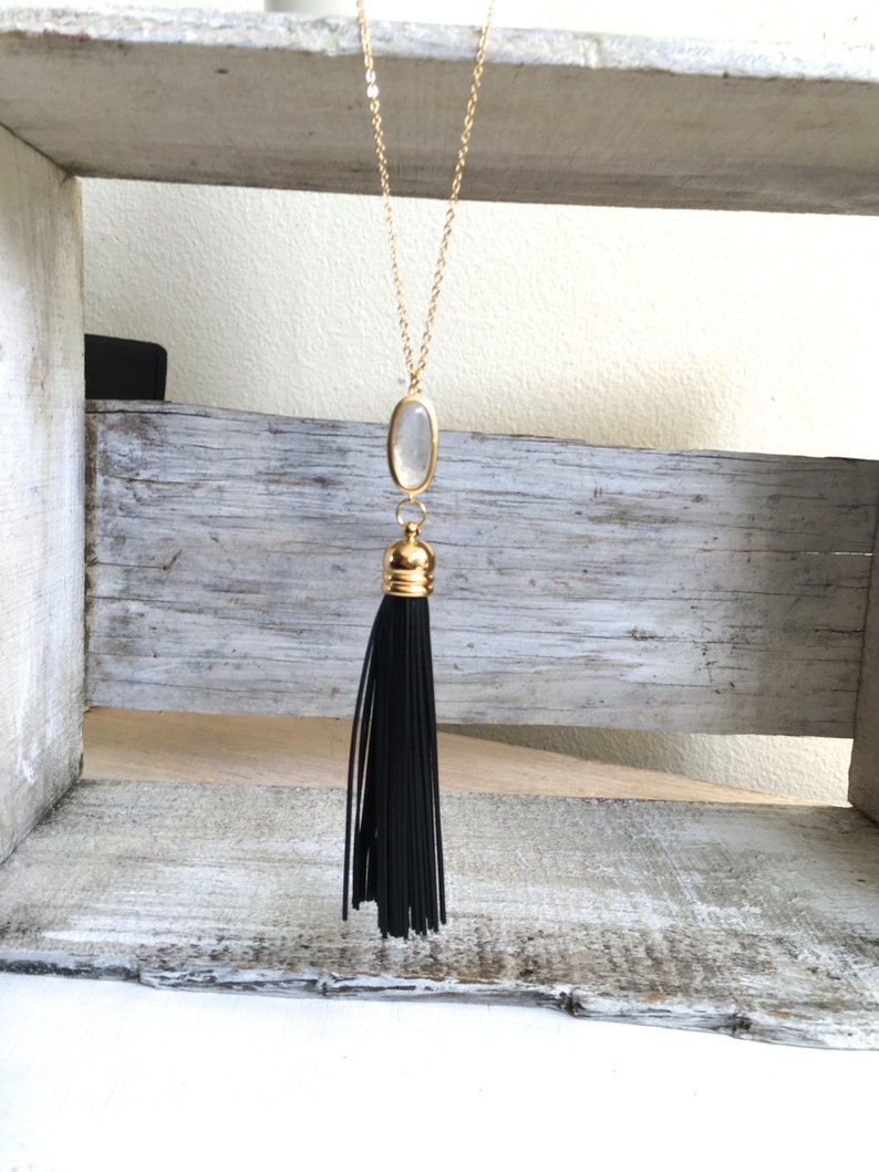 Black Leather Tassel Necklace Long Black Leather Tassel Necklace Bohemian Long Tassel Crystal Necklace Long and Layered Necklace
