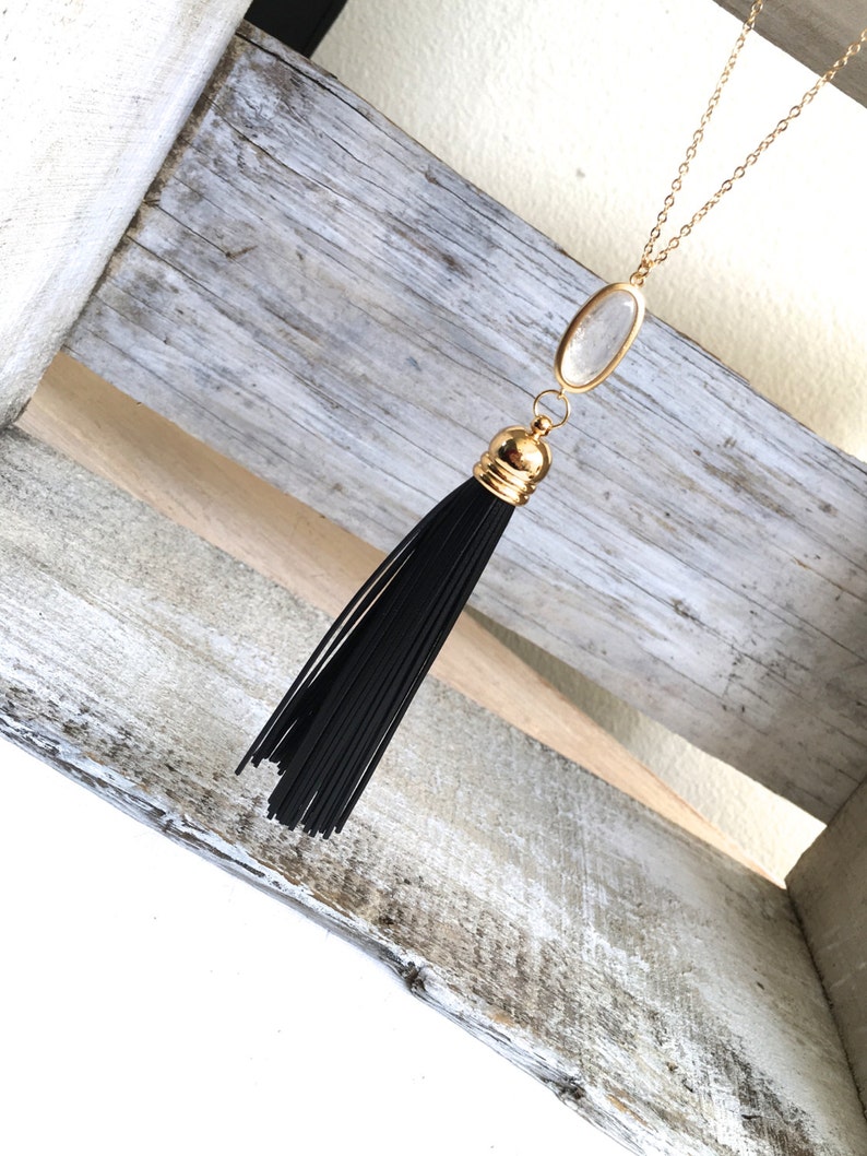 Black Leather Tassel Necklace Long Black Leather Tassel Necklace Bohemian Long Tassel Crystal Necklace Long and Layered Necklace