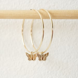 Gold Filled Butterfly Hoop Earrings, Hoop Earrings, Large Hoops, Everyday Earrings, Gift for her, On Trend, 40mm, Monarch Butterfly, for Mom