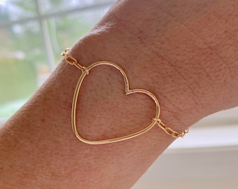 Heart Bracelet, Gold Filled Heart, Sterling Silver Heart, Stacking Bracelet, Love Bracelet, Heart Bracelets Drawn Link Chain, Paper Clip