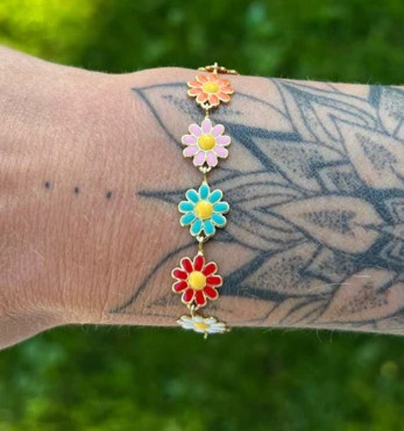 Multicolour Daisy Enamel Flower Bracelet, Yellow, White, Sun
