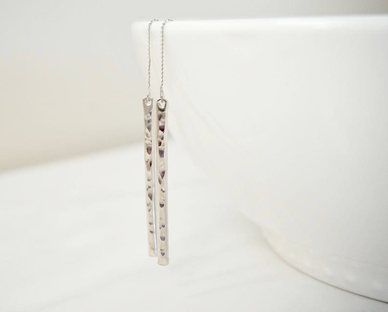 Threader Earrings Sterling Silver Bar Long Earrings Long Bar Earrings Minimalist Everyday Bohemian Hammered Bar Earrings