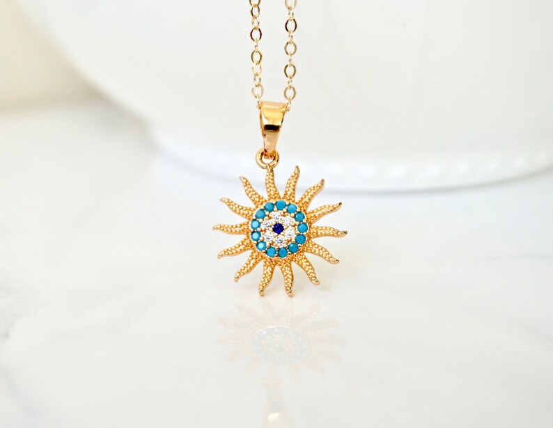Gold Sun Pendant Necklace Sun Charm Necklace Gold Evil Eye Necklace CZ Sun Charm Sol Necklace Turquoise Necklace You are my sunshine