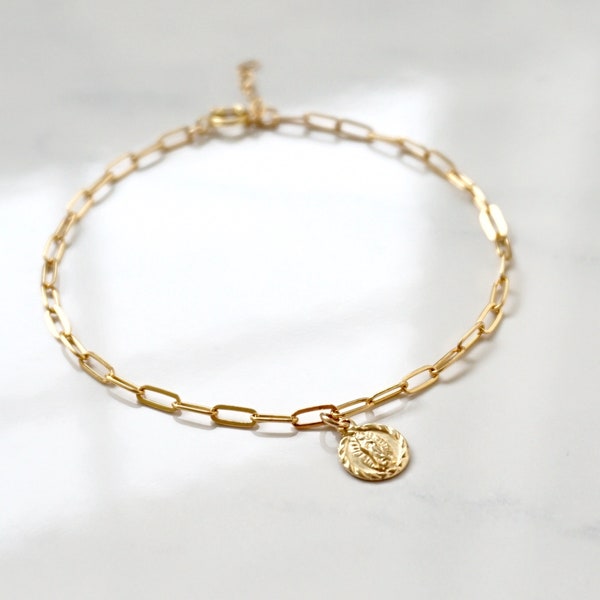 Gold Filled Mary Medallion Bracelet, Silver Mary Medal, Paper Clip Chain, Stacking Bracelet, Mother's Day, Mother Mary Jewelry, Gift for her