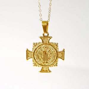 Saint Benedict Cross Medallion, Gold Medallion, Antique Religious Medal, Layering Necklace, Gold St. Benedict, Antiquity Pendant, Bohemian